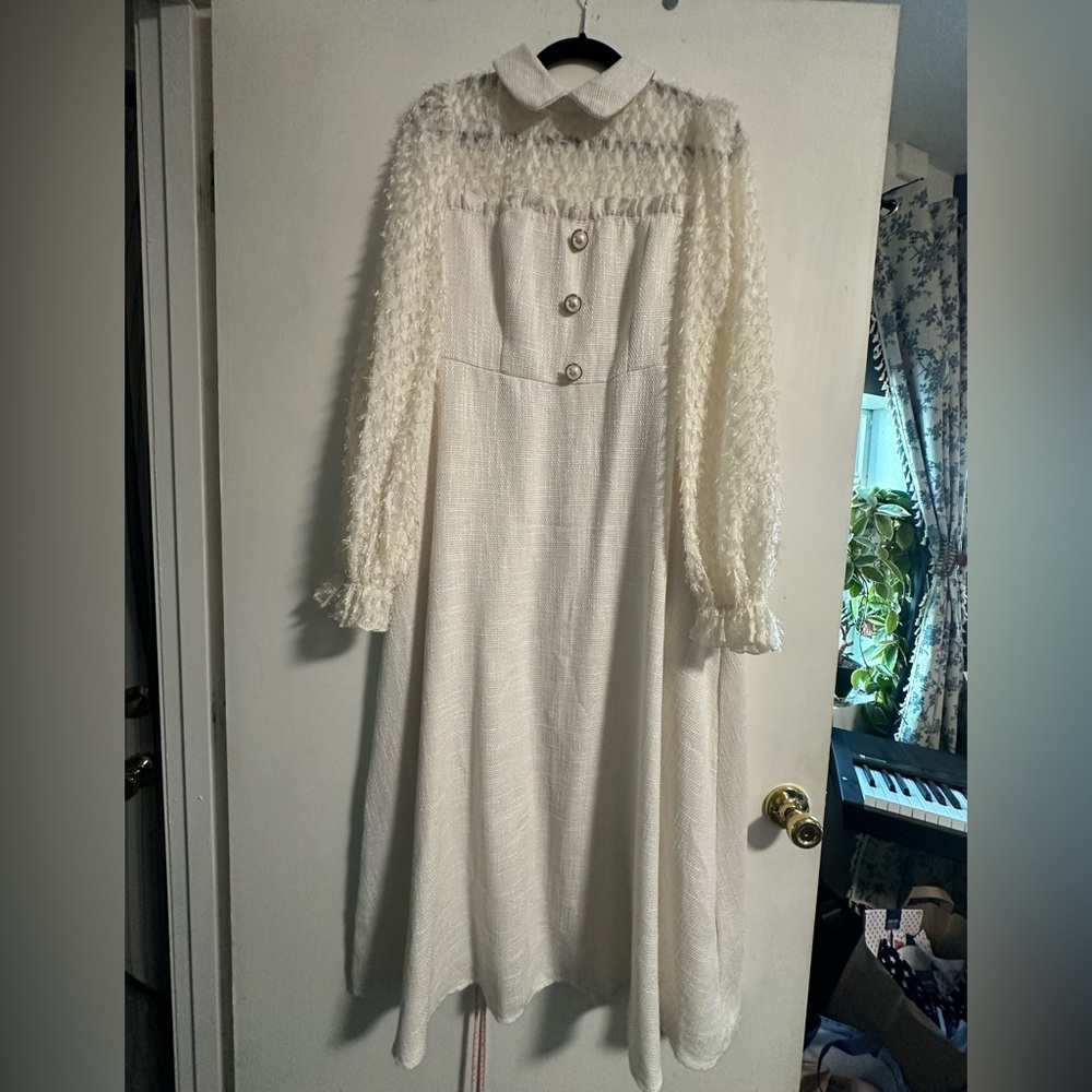 SHEIN Cream Gown with Bishop Sleeves and Peter Pan Collar